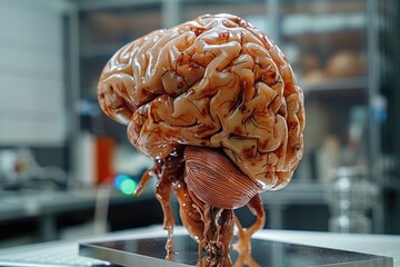 Poster - A realistic model of a human brain displayed on a stand or table, often used in medical education and research