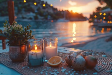 Poster - A serene scene featuring a table lit by candles beside a calm body of water, perfect for depicting peace and tranquility