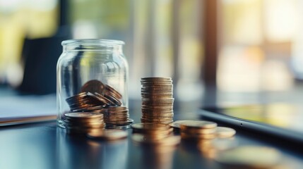 Aufkleber - A jar filled with coins sitting on top of a table
