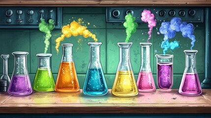 a cartoon science lab featuring colorful beakers and test tubes with vibrant chemical reactions and 
