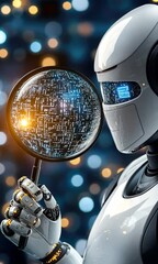 Poster - A robotic figure meticulously inspects illuminated data through a magnifying glass in a vibrant, futuristic setting filled with lights