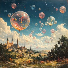 Poster - A medieval castle surrounded by soap bubbles