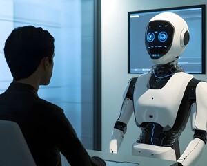 Poster - a futuristic meeting between a human and a humanoid robot in a sleek, modern office environment. the