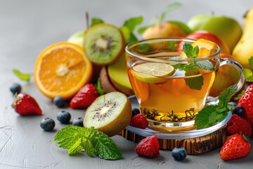 Poster - A cup of tea surrounded by fresh fruits and vegetables