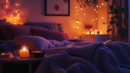 Poster - Soft bedding is surrounded by warm candlelight and fairy lights, creating a tranquil atmosphere perfect for relaxation. The inviting space promotes a multisensory aromatherapy experience.