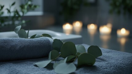 Aufkleber - Soft lighting creates a calming environment. Aromatherapy elements like eucalyptus enhance relaxation while candles provide gentle illumination.
