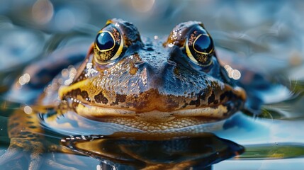 Poster - A close-up shot of a frog's face peeking out of the water