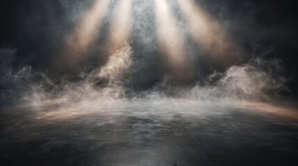 space of studio dark room with spot lighting and fog or mist on concrete floor and lighting beam shi