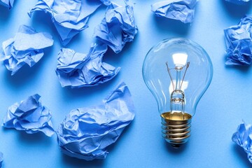Poster - A bright light bulb surrounded by crumpled blue paper, often used for creative or brainstorming purposes