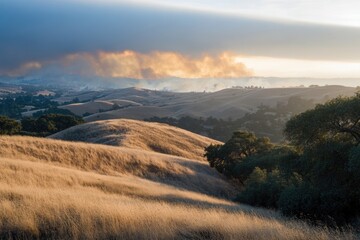 Aufkleber - A field of grass with a distant fire, perfect for rural or wilderness scenes