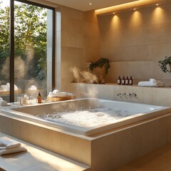 Poster - A modern bathroom featuring a large tub and a large window