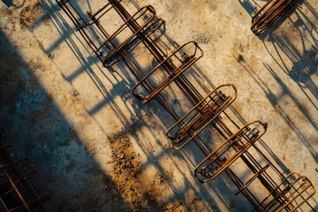 Poster - A group of metal bed frames resting on a concrete floor, perfect for use in industrial or minimalist settings