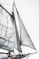 Poster - A large sailboat with white sails on a calm body of water, perfect for a serene day out or as a background for travel or adventure-themed projects