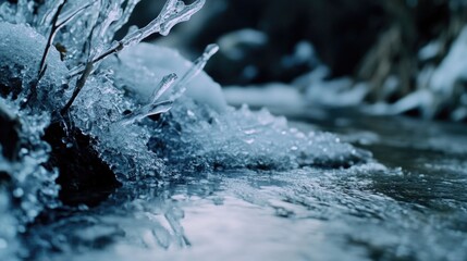 Poster - A frozen water stream with ice on it