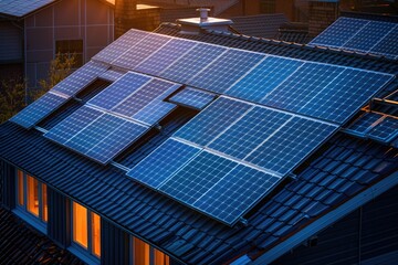 Poster - A house with solar panels installed on the roof for renewable energy generation