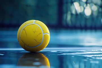 Poster - A yellow tennis ball sits atop a tennis court, perfect for adding to your sports-themed image collection