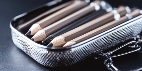 Aufkleber - A metal case filled with pencils sits atop a table, ready for use