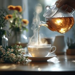 Poster - A person pours tea into a cup on a table, ready for a cozy moment