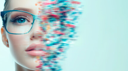 Poster - Woman with glasses showing digital face transition in a creative art design