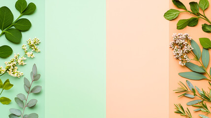 Poster - Fresh greenery and delicate flowers arranged on colorful backgrounds for a vibrant mock-up design