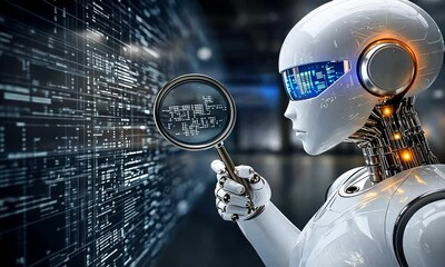 Poster - A humanoid robot examines digital information displayed on glowing screens, showcasing advanced technological capabilities and innovation