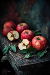 Poster - A basket of fresh apples sitting on a wooden table, perfect for still life photography or marketing food products