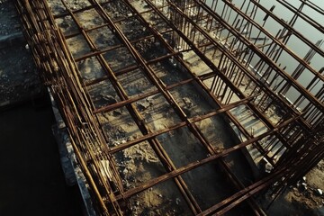 Poster - Construction site with stacked steel bars, ready for use