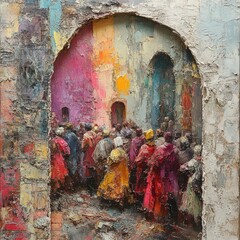 Aufkleber - A group of people gathered in front of a large structure, likely awaiting an event or discussing something