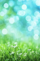 A beautiful field of green grass with white flowers scattered throughout. The flowers are small and delicate, and they are arranged in a way that creates a sense of depth and movement