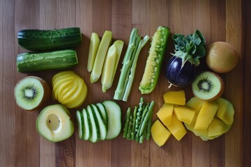 Poster - A selection of fresh fruits and vegetables arranged on a cutting board, perfect for a kitchen or cooking theme