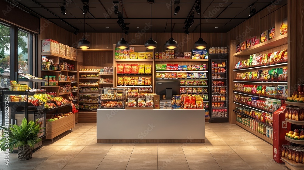 Modern grocery store interior with shelves of diverse products and ...