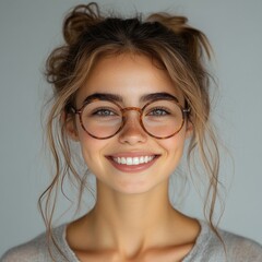 Wall Mural - A happy woman wearing glasses and smiling directly at the camera