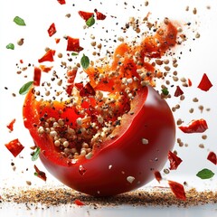 Poster - Freshly harvested red tomato with seeds visible, surrounded by black pepper