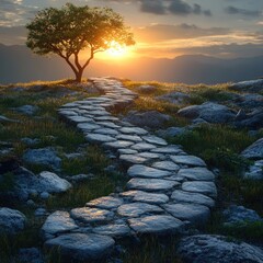 Aufkleber - A single tree stands atop a rocky hill, surrounded by nature