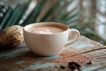 Poster - A cup of coffee sits on top of a wooden table, ready for use