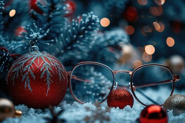 Poster - A pair of glasses sitting on snowy ground, ideal for winter scenes or cold-themed designs