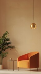 Poster - Orange armchair sits beside a small table with a cup and a plant in a pot, illuminated by a golden spherical lamp hanging from the ceiling in a modern, minimalist interior design