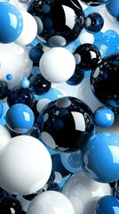 Poster - Glossy spheres in white, black, and blue float gracefully in a light blue environment, forming a visually captivating abstract composition that evokes a sense of modernity and creativity
