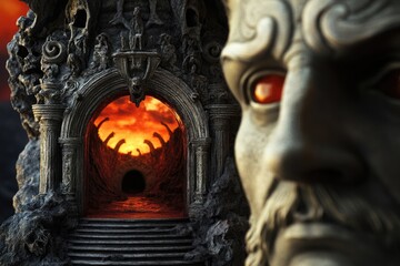 Poster - A statue of a man surrounded by flames, perfect for use in a scene about courage or passion