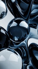 Poster - Dark and light gray metallic spheres are merging with a swirling mass of liquid metal, creating a dynamic and visually striking abstract composition