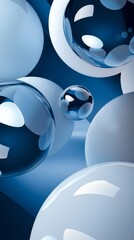 Poster - Multiple glossy spheres of varying sizes and shades of blue float in an abstract space, creating a visually captivating scene with a sense of depth and movement