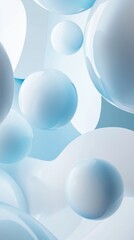 Poster - Many light blue spheres are floating on a soft abstract background, creating a serene and dreamy atmosphere with a modern and minimalist aesthetic