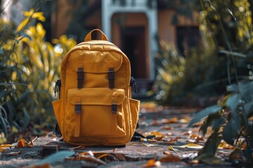 Poster - A yellow backpack sits on the ground in front of a house, perfect for outdoor enthusiasts and travelers
