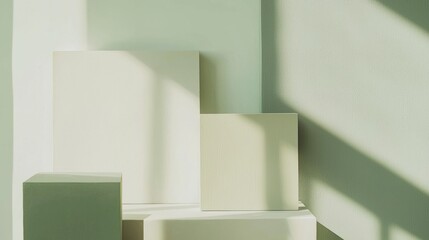 Poster - Sunlight is streaming into a pastel colored artist's studio, illuminating canvases and podiums, creating an opportunity to showcase artwork or products