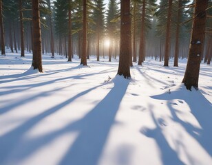 Wall Mural - Snow-covered pine trees casting shadows on the forest floor, realistic render, nature