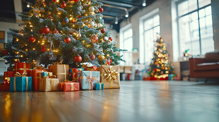 Poster - A beautifully decorated Christmas tree sparkles with lights and ornaments, accompanied by colorful gift boxes on a wooden floor in a warm setting