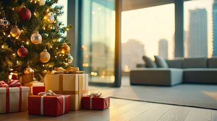 Poster - A beautifully decorated Christmas tree stands proudly in a contemporary living room, surrounded by colorful presents as the sun sets