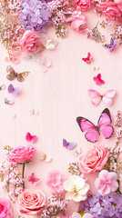 Fototapete - A stunning display of pink roses, delicate flowers, and colorful butterflies arranged on a light pink background creates a cheerful spring vibe