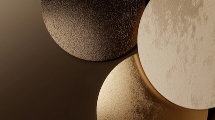 Poster - Three overlapping circles with various textures and shades of brown and gold create an abstract composition, casting subtle shadows on a matching background, offering a modern and elegant aesthetic