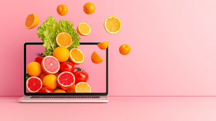 Poster - A vibrant mix of fresh fruits and vegetables appears to burst from a laptop, emphasizing a healthy lifestyle and culinary creativity
